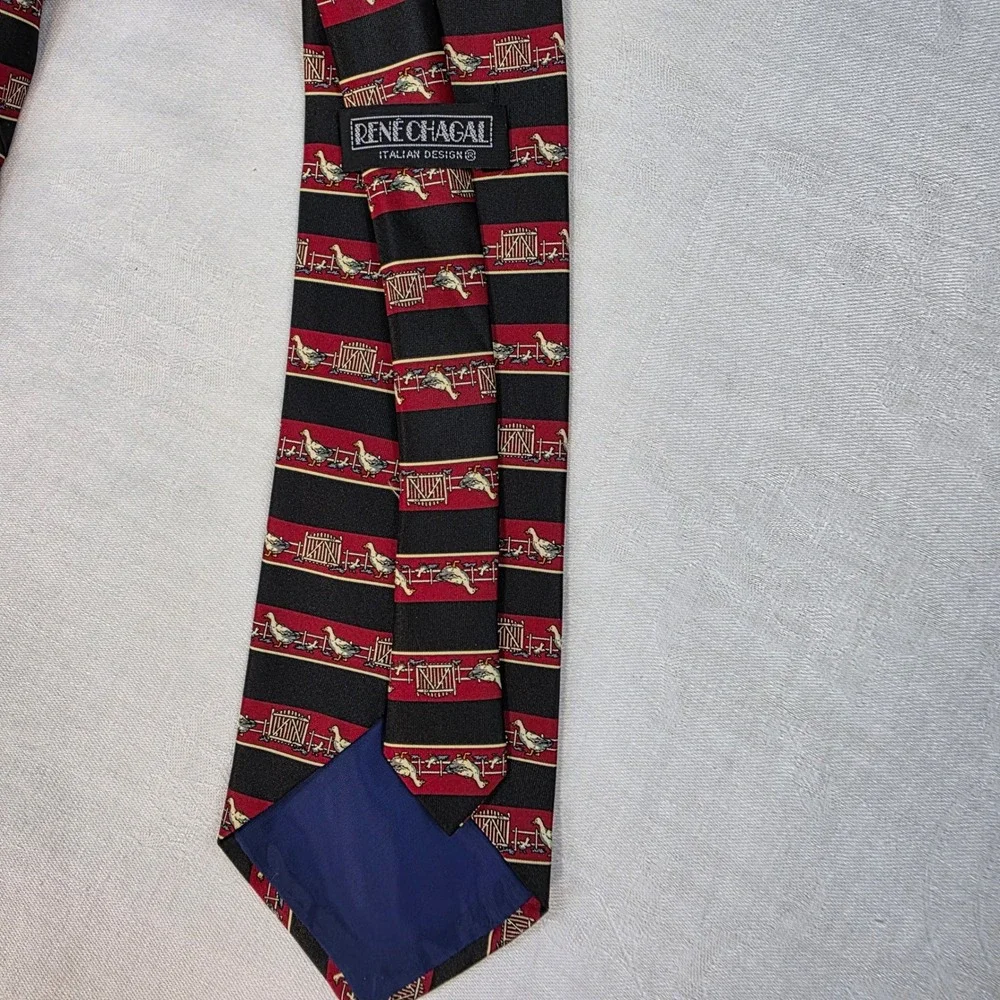 RENE CHAGAL Italian Design Mens Silk Necktie Duck Pattern Red Black Vintage